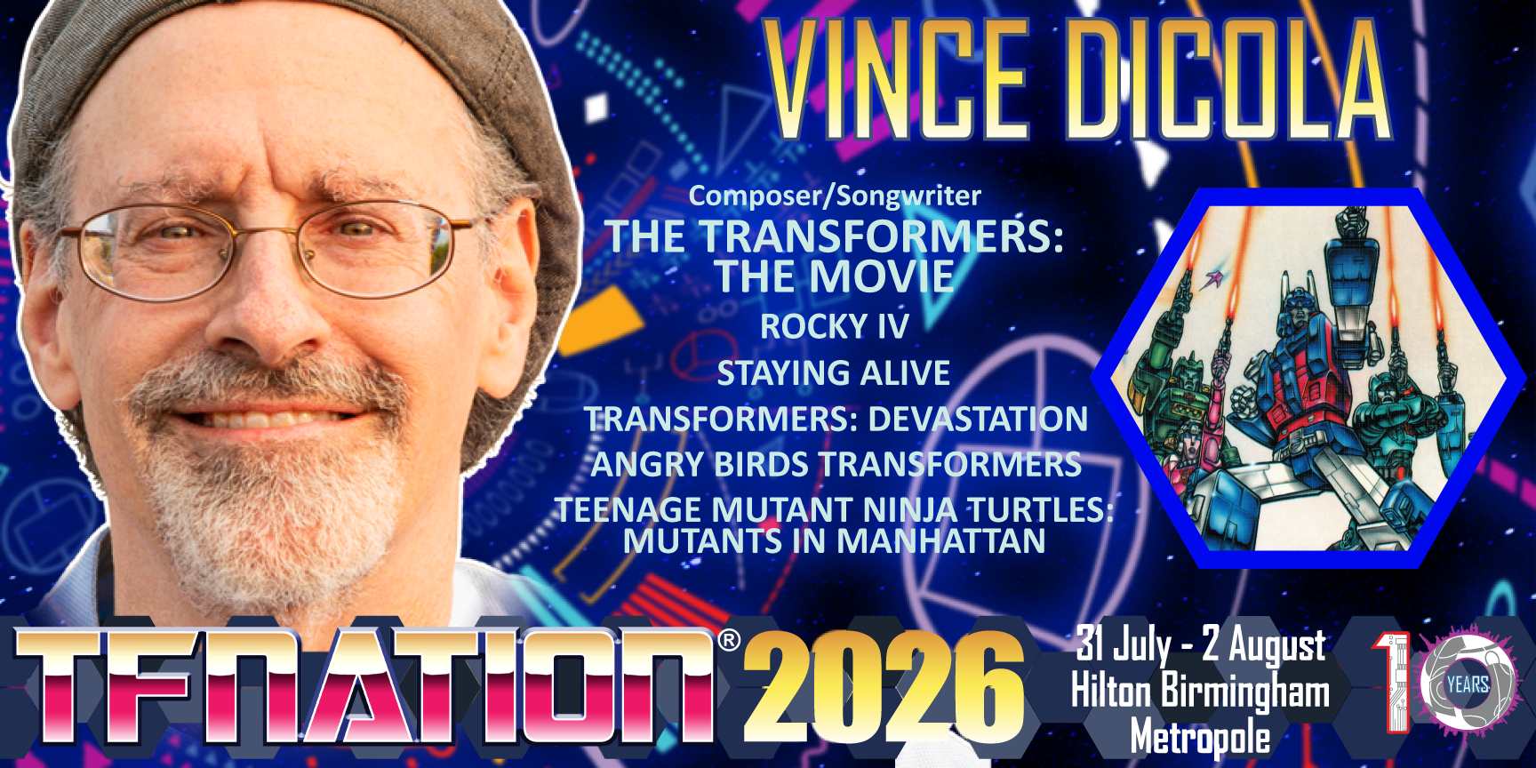 A banner announcing Vince DiCola's appearance at TFNation 2026